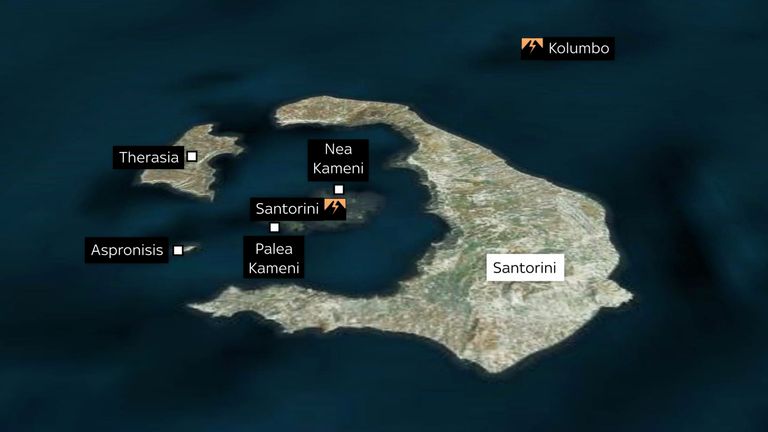 Map showing volcanic activity around Santorini 