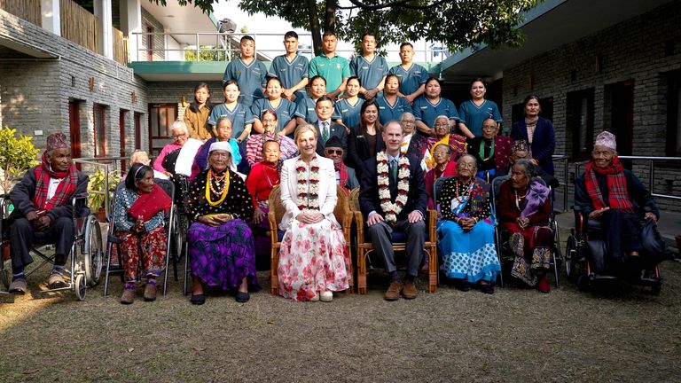 The Duke and Duchess of Edinburgh pose for a photo with Gurkhan veterans, widowers, and members of staff at the Veterans Residential Home in the Gurkha Welfare Trust Welfare Centre, Pokhara, during day three of their trip to Nepal.
Pic: PA