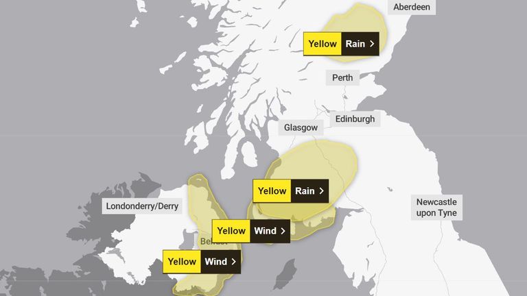 Parts of UK brace for 70mph gusts and heavy rain as weather warnings issued