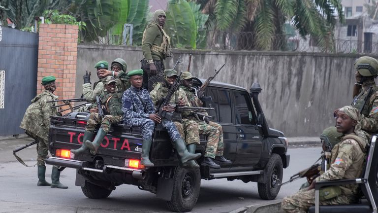 M23 rebels patrol the streets of Goma this week.
Pic: AP/Brian Inganga