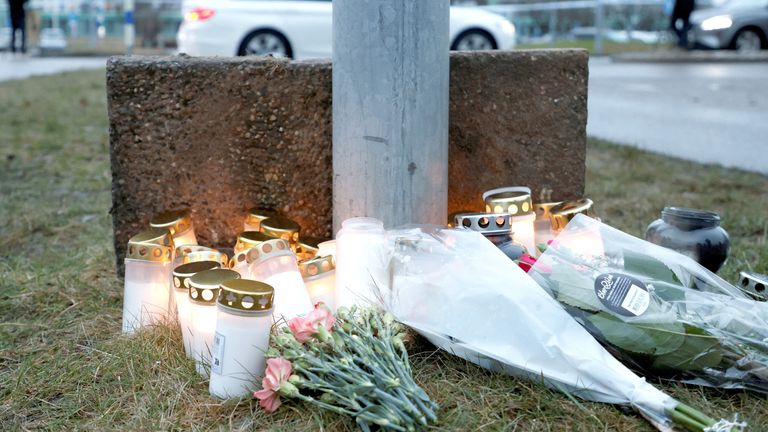 Flowers and candles are placed near the Campus Risbergska school, following a deadly shooting attack at the adult education centre in Orebro, Sweden.
Pic: Reuters