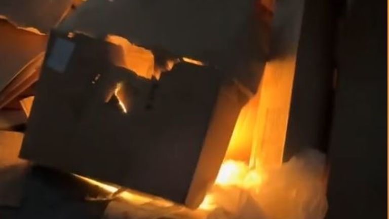 Footage from Keeling's phone showed cardboard on fire in the former print works. Pic: Cheshire Constabulary 
