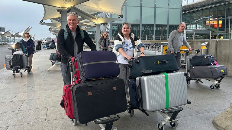Passengers arrive at Heathrow Airport as flights resume. Pic: AP