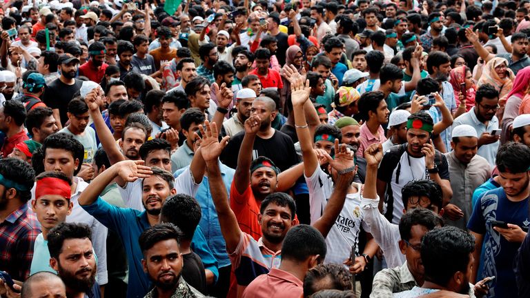 Crowds celebrate the resignation of Ms Hasina in Dhaka.
Pic: Reuters/Mohammad Ponir Hossain