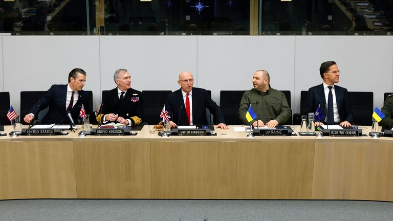 United States Secretary of Defense Pete Hegseth, left, Britain's Defense Secretary John Healey, center, Ukraine's Defense Minister Rustem Umerov, second left, and NATO Secretary General Mark Rutte, right, attend a meeting of the Ukraine Defense Contact group at NATO headquarters in Brussels, Wednesday, Feb. 12, 2025. (AP Photo/Omar Havana)