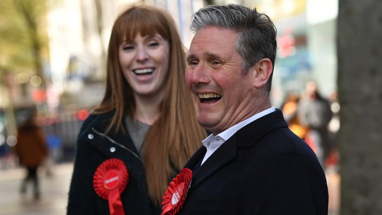 Labour Party leader Sir Keir Starmer and deputy party leader Angela Rayner, laugh during a visit to Birmingham, whilst on the election campaign trail. Picture date: Wednesday May 5, 2021.