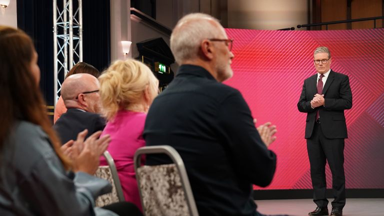 Sir Keir Starmer faced audience questions during a Sky News election event with Sky's political editor Beth Rigby, in Grimsby. 
Pic: PA