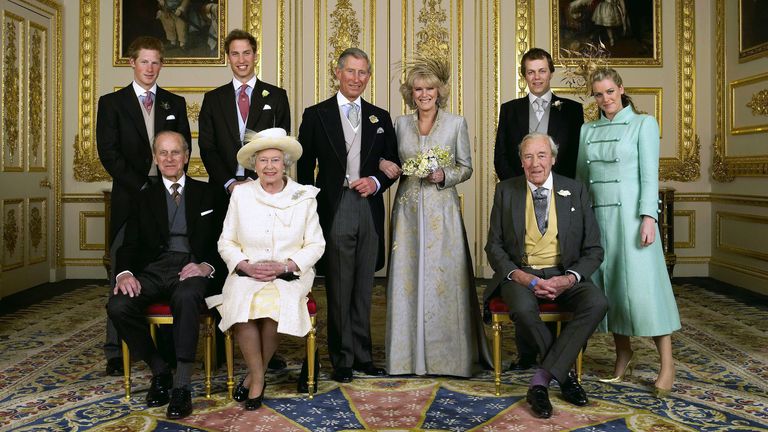 The Royal Family pose for a photograph on Charles and Camilla's wedding day. Pic: PA