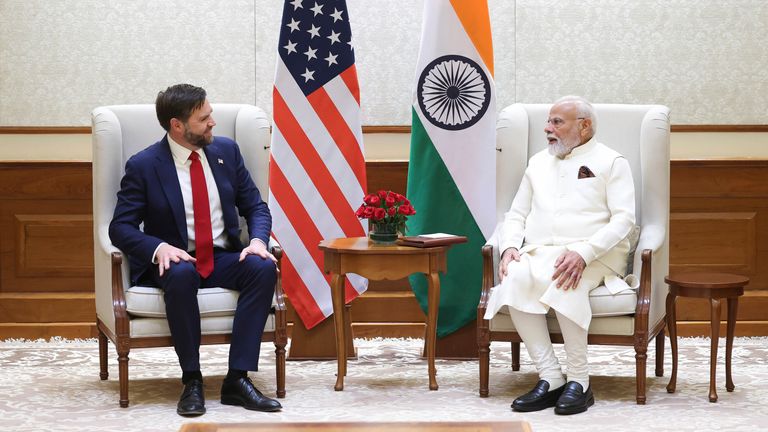 JD Vance and Narendra Modi in New Dehli. Pic: AP