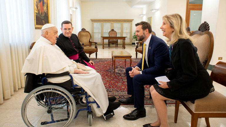 Pope Francis meets with U.S. Vice President JD Vance on Easter Sunday at the Vatican, April 20, 2025. Vatican Media/­Handout via REUTERS ATTENTION EDITORS - THIS IMAGE WAS PROVIDED BY A THIRD PARTY. TPX IMAGES OF THE DAY