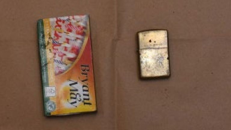 Matches and a lighter found with Brooks' bike. Pic: Pic: Nottinghamshire police