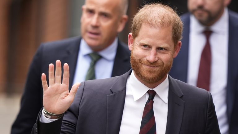 The Duke of Sussex arrives at the Royal Courts of Justice.
Pic: PA