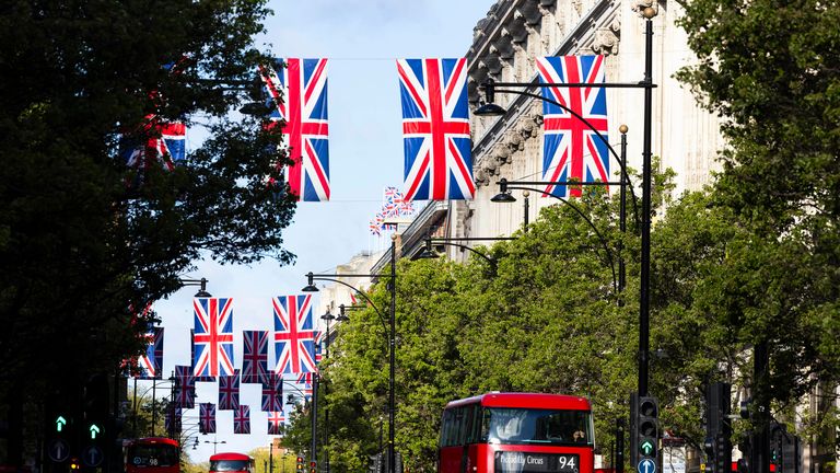 Oxford Street in central London has been decorated with Union flags ahead of May's VE Day. Pic: PA