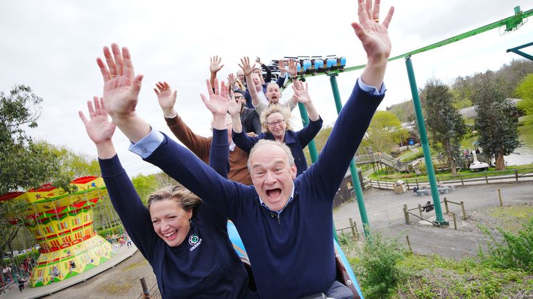 Ed Davey rides on a rollercoaster during a visit to the BIG Sheep theme park in Bideford.
Pic: PA