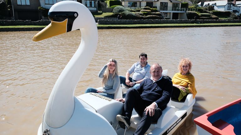 Ed Davey in a swan pedalo on Bude Canal in Bude, Cornwall.
Pic: PA