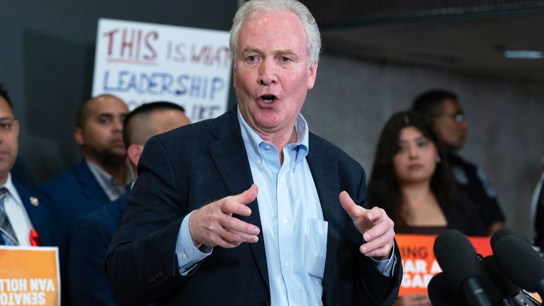 Chris Van Hollen speaks at Washington Dulles International Airport. Pic: AP