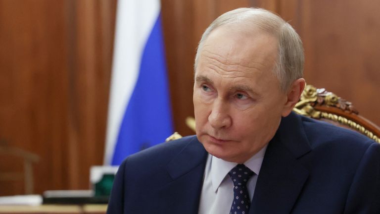 Russian President Vladimir Putin attends a meeting with CEO of the housing development financial institute DOM.RF Vitaly Mutko in Moscow, Russia April 10, 2025. Sputnik/Vyacheslav Prokofyev/Pool via REUTERS ATTENTION EDITORS - THIS IMAGE WAS PROVIDED BY A THIRD PARTY.
