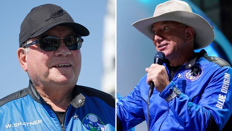 (L-R) William Shatner and Jeff Bezos before their respective New Shepard flights 