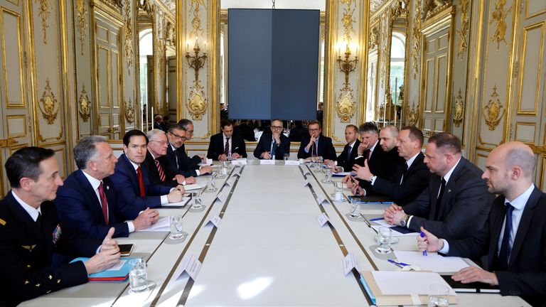 French President diplomatic advisor Emmanuel Bonne meets with Ukrainian Head of Presidential Office Andriy Yermak, US Special Envoy Steve Witkoff, US Secretary of State Marco Rubio, UK National Security Adviser Jonathan Powell and Germany national security advisor Jens Plotner at the Elysee presidential palace in Paris on April 17, 2025. LUDOVIC MARIN/Pool via REUTERS