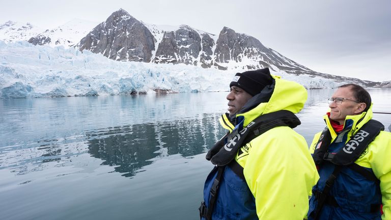 Foreign Secretary David Lammy and Norway's Foreign Minister Barth Eide view the melting Blomstrandbreen glacier during a boat trip on Kongsfjorden, an inlet on the west coast of Spitsbergen, during his visit to Svalbard, Norway. Stefan Rousseau/PA Wire