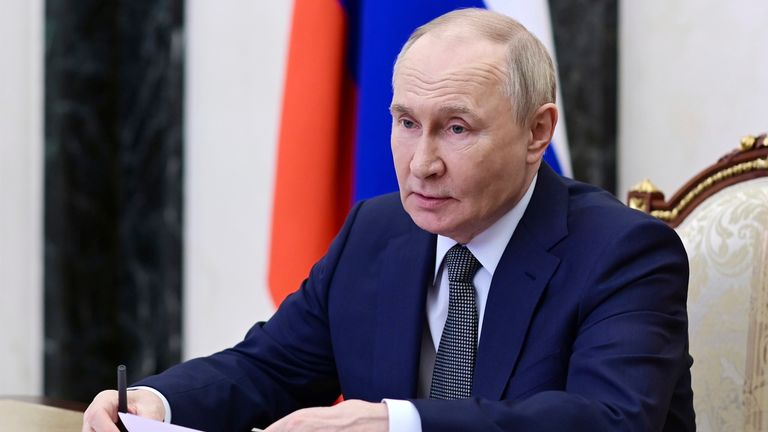 Vladimir Putin chairs a security council meeting at the Kremlin. Pic: AP