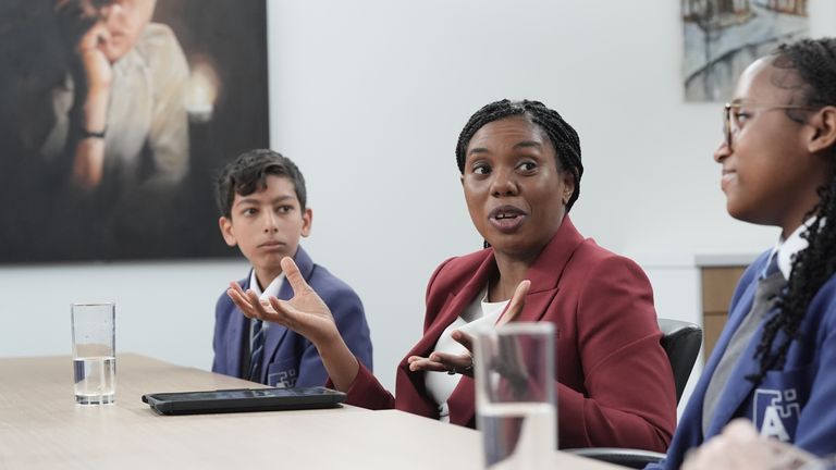Kemi Badenoch speaks to pupils during a visit to Ashcroft Technology Academy.
Pic: PA