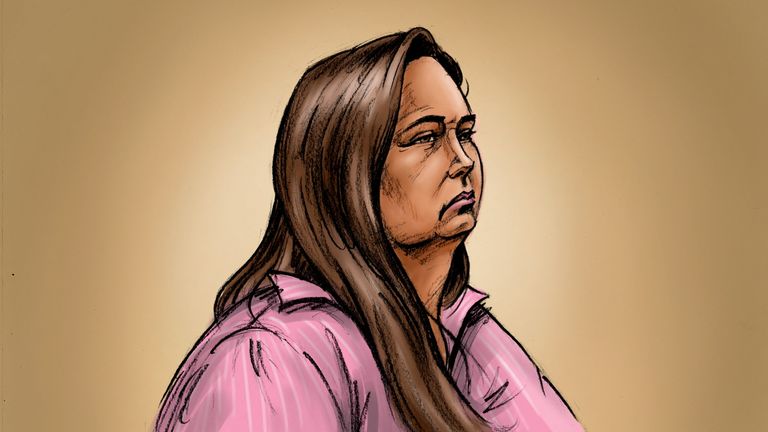 A court sketch shows Erin Patterson at the Latrobe Valley Magistrates Court in Morwell.
Pic:AAP/Reuters
