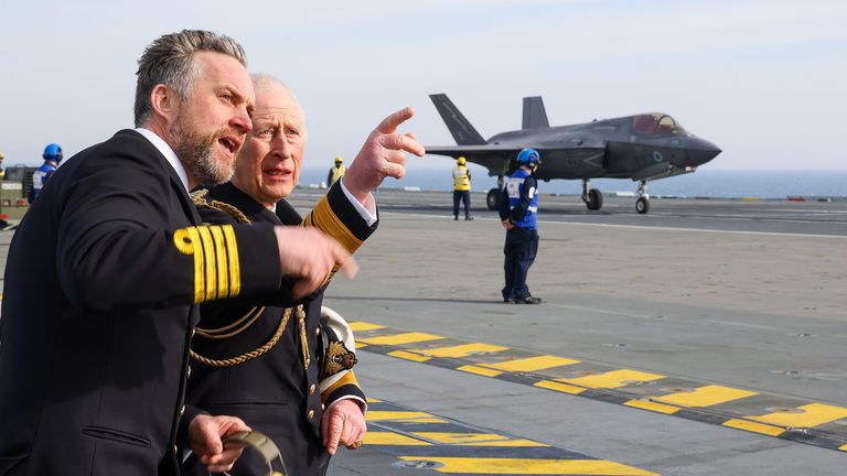 King Charles  visiting HMS Prince of Wales as the Royal Navy finalises preparations for a major global deployment to the Indo-Pacific this spring.
Pic: PO Phot Rory Arnold/Ministry of Defence/PA